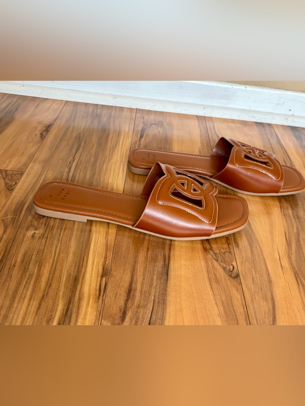 A New Day Camel Cognac Sandals Black Suede Pointed Flats size 11 - Picture 8 of 9